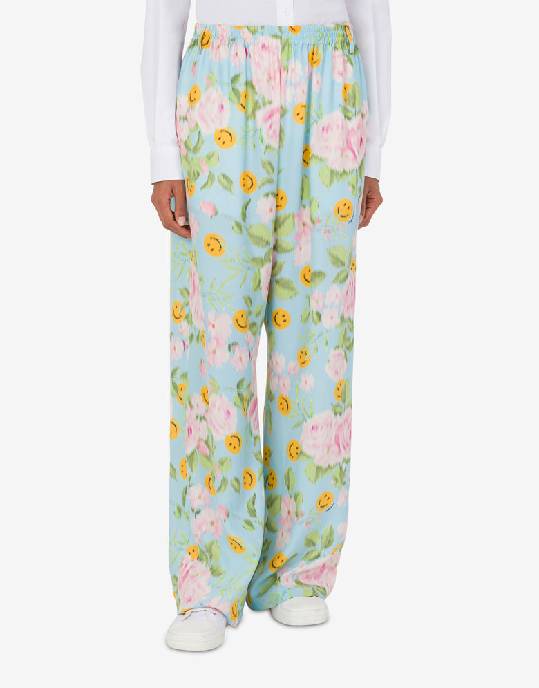 Smiley® &amp; Roses 真丝缎面长裤 天蓝色 Moschino 1