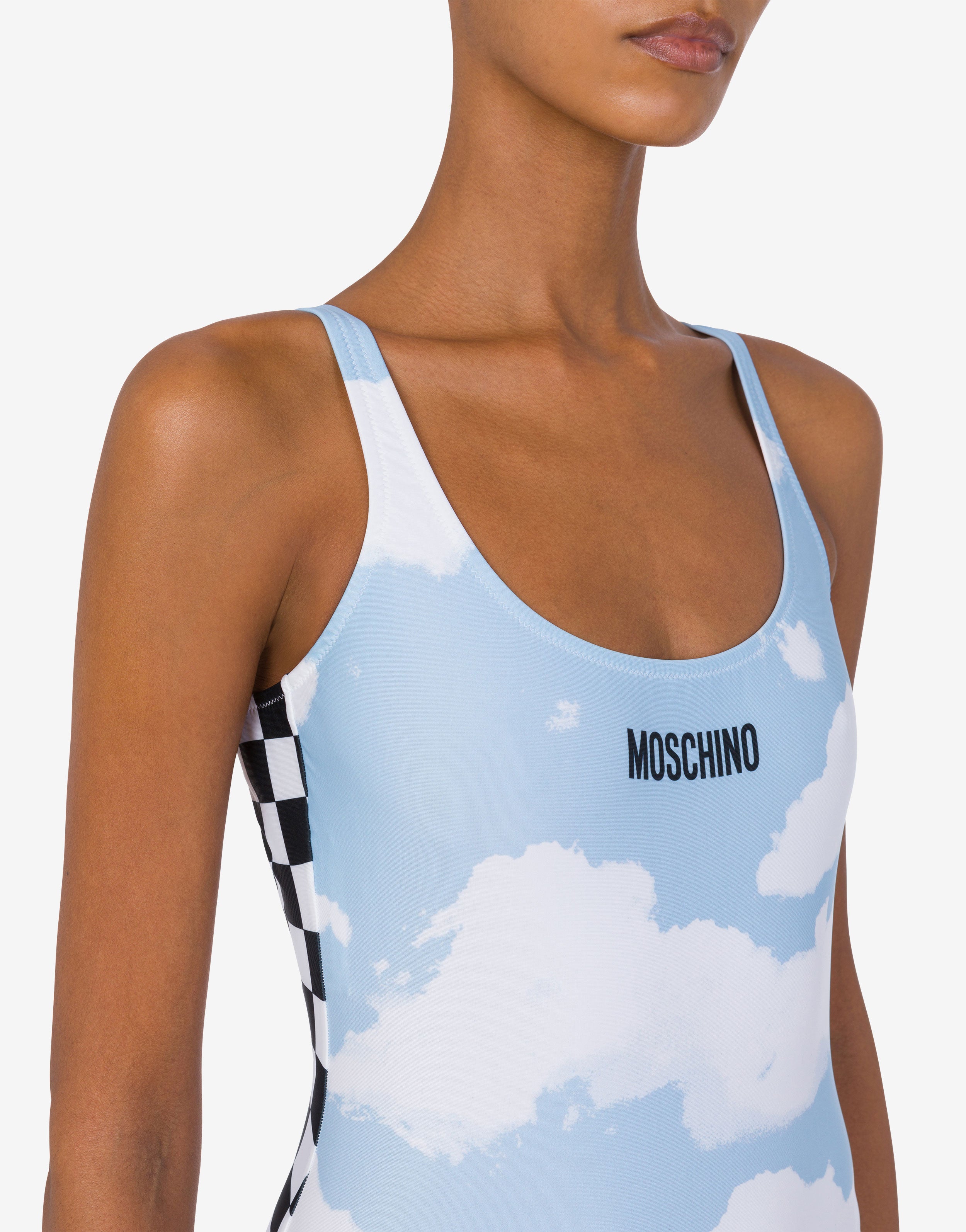 MOSCHINO シルク100% ライダース風ワンピース 青 M 春夏 One-piece swimsuit Clouds and Check | Moschino