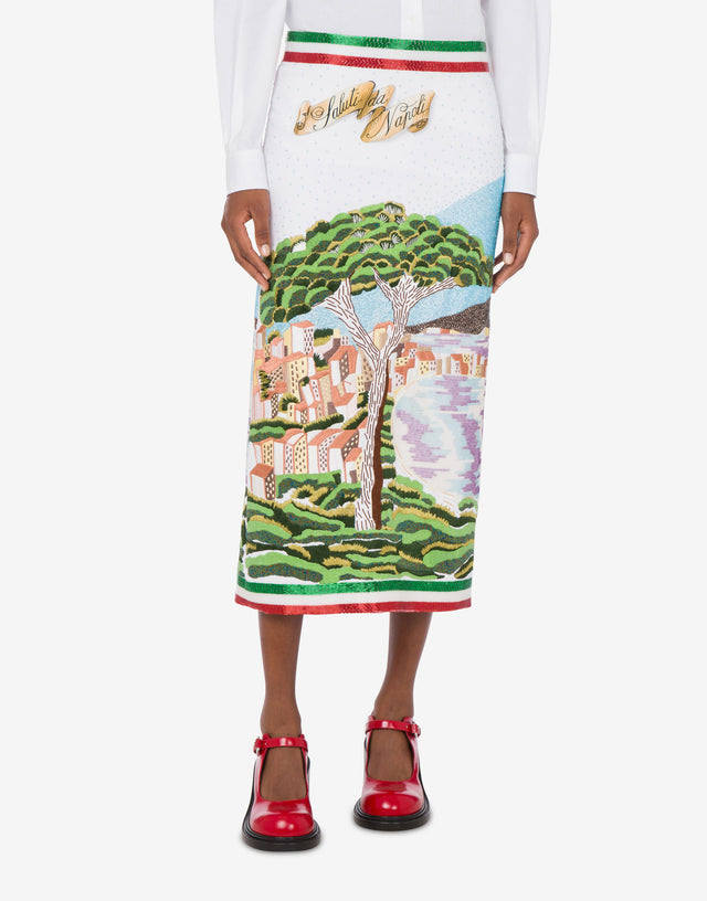 Crepe Skirt with ""Greetings from Naples"" Embroidery White Moschino 1