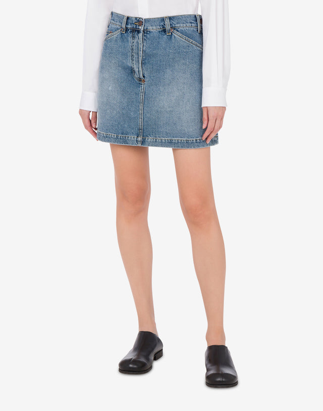 Denim Mini Skirt Laurel Crown Label Blue Denim Moschino 1