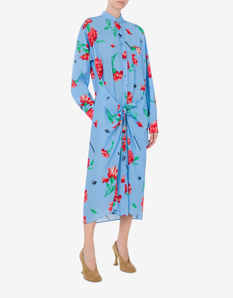 Vestido de tela de cupro Carnation Print Azul claro Moschino 1