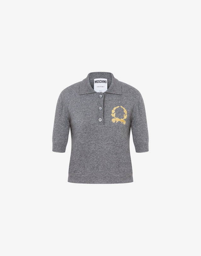 Knit Polo Shirt Laurel Crown Logo Grey Moschino 0