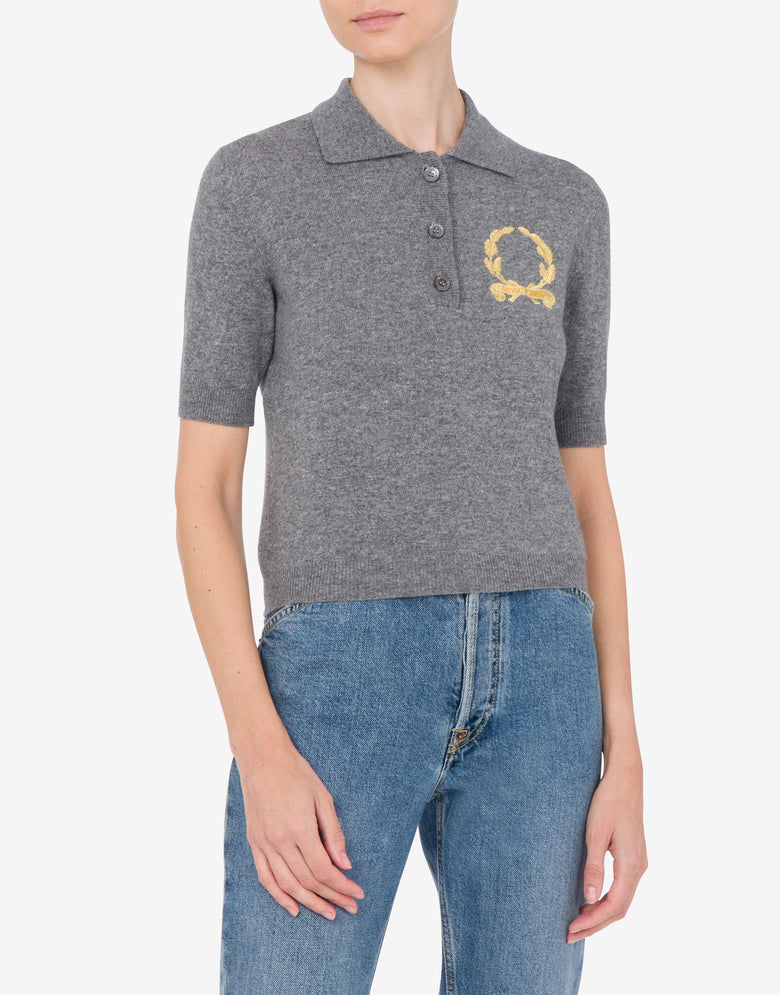 Knit Polo Shirt Laurel Crown Logo Grey Moschino 1