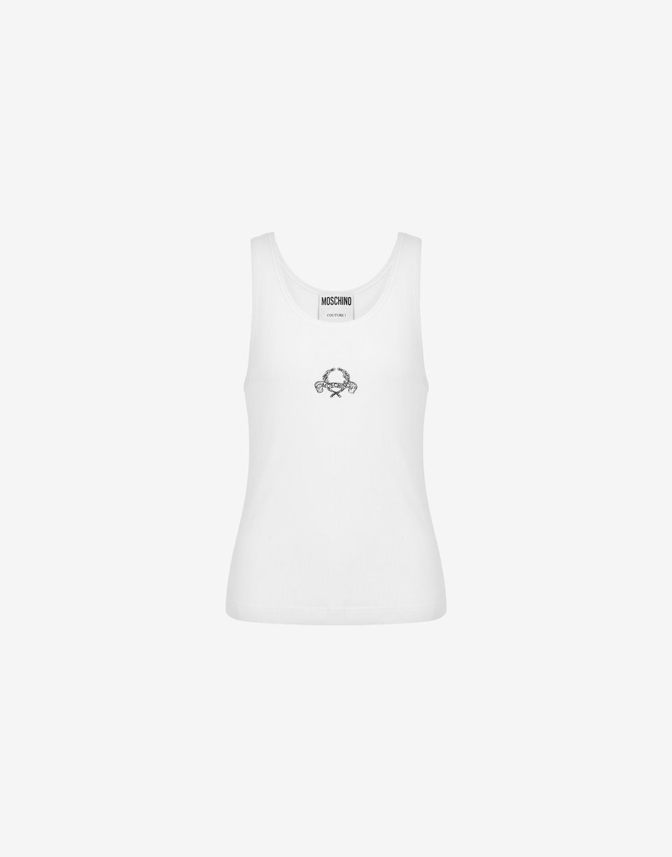 Stretch Cotton Tank Top Laurel Crown Logo White Moschino 0