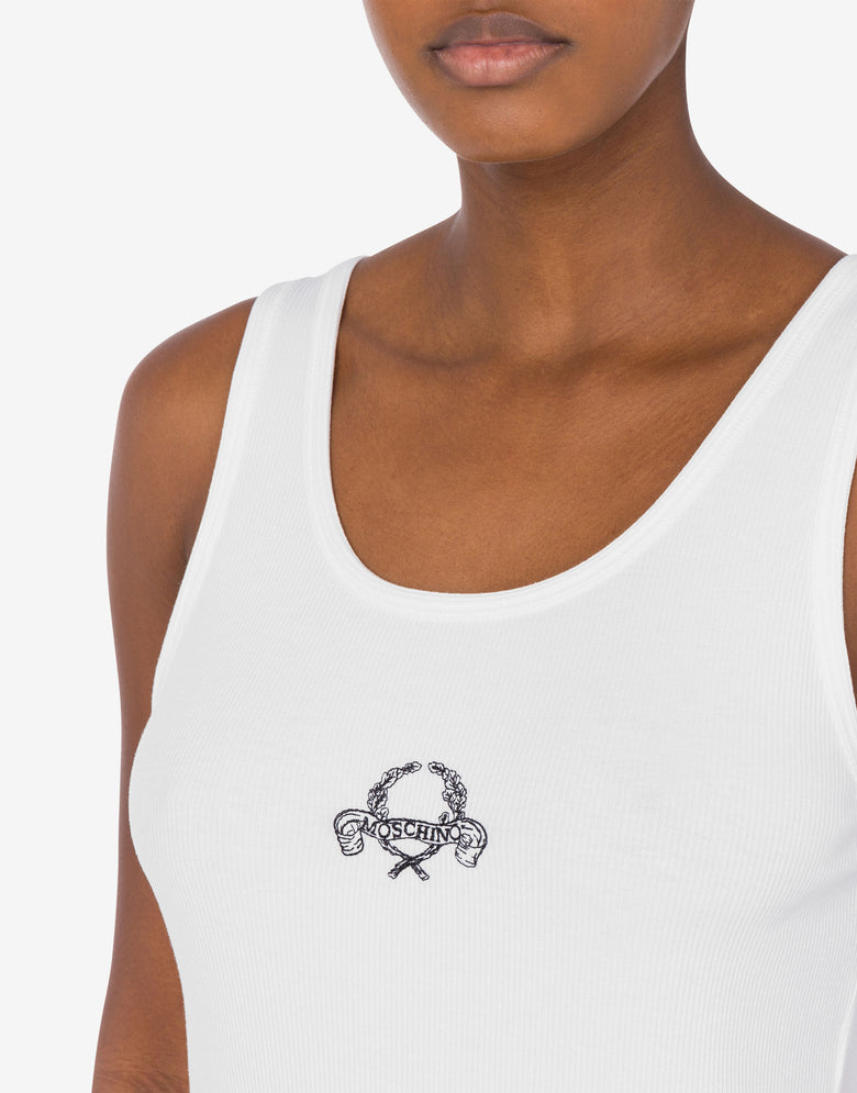 Stretch Cotton Tank Top Laurel Crown Logo White Moschino 3