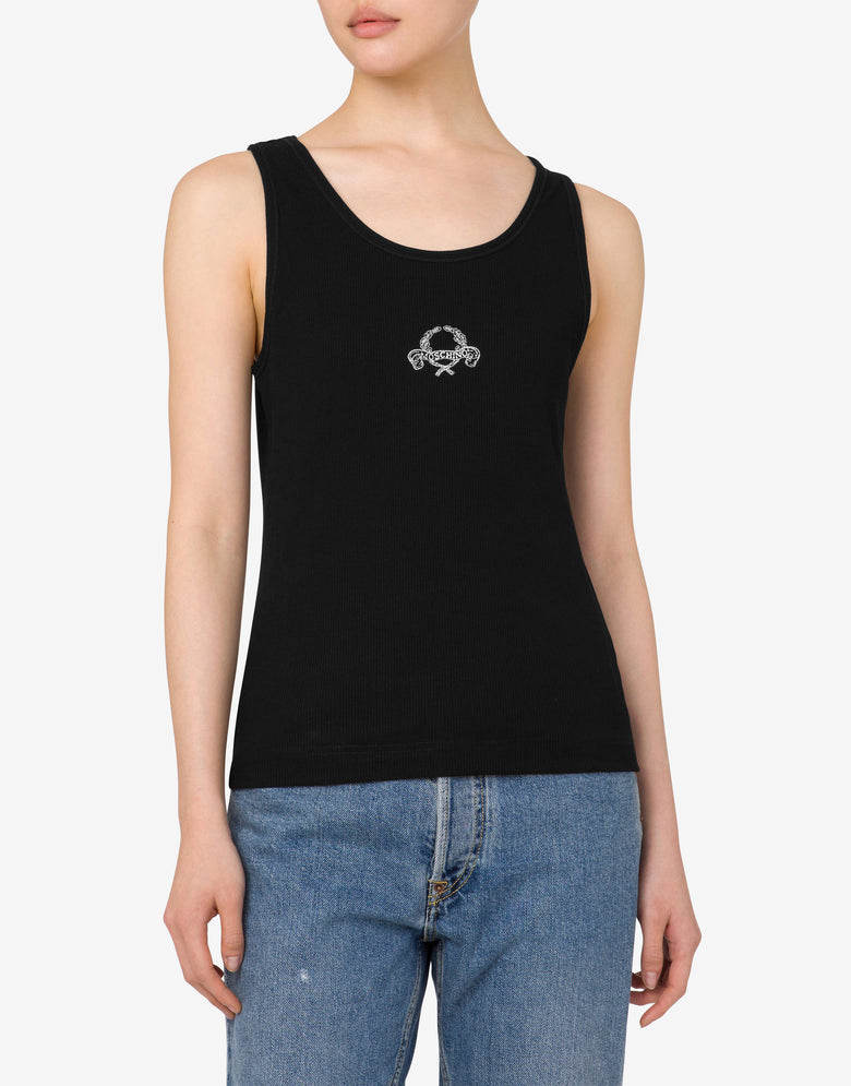 Stretch Cotton Tank Top Laurel Crown Logo Black Moschino 1