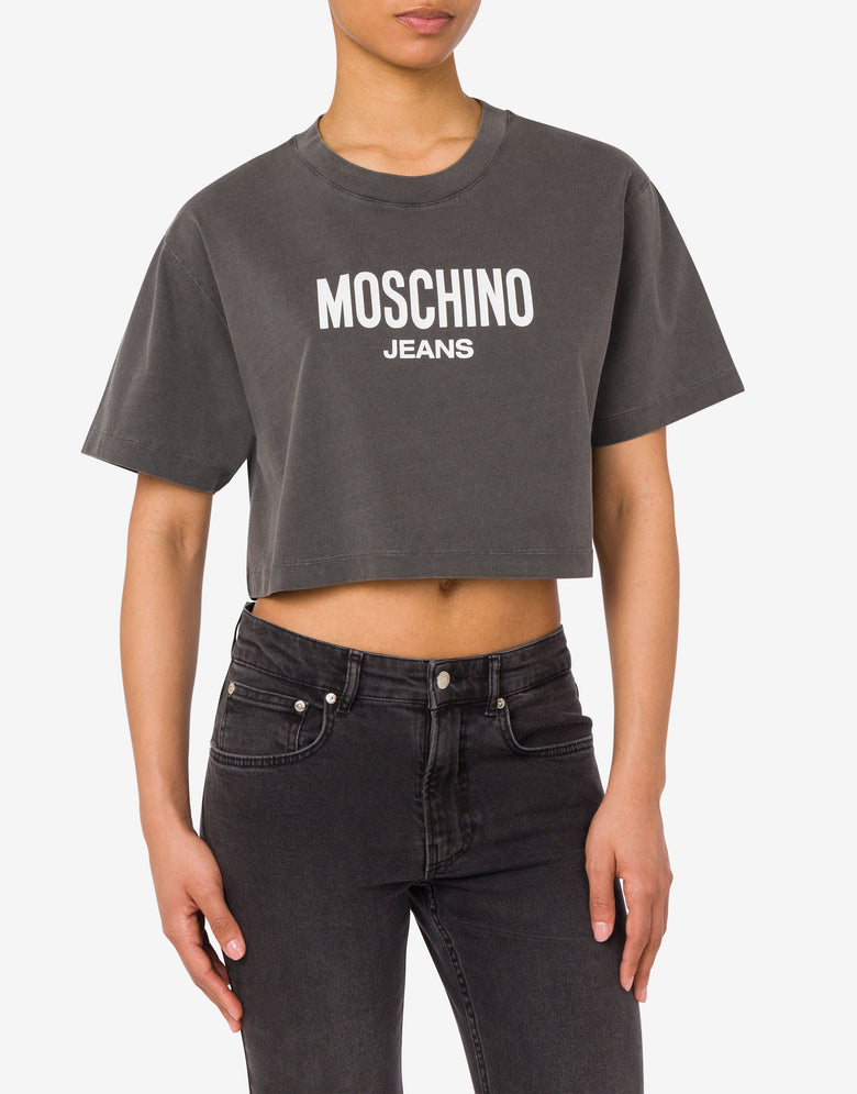 棉质针织短款T恤，印有对比色logo 深灰色 Moschino Jeans 1