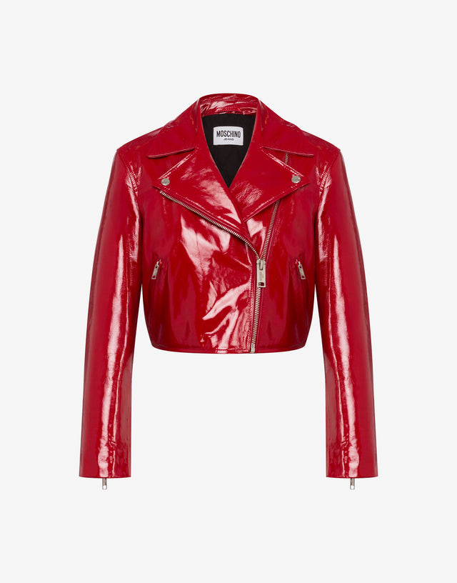Chaqueta motera corta de charol Rojo Moschino Jeans 0