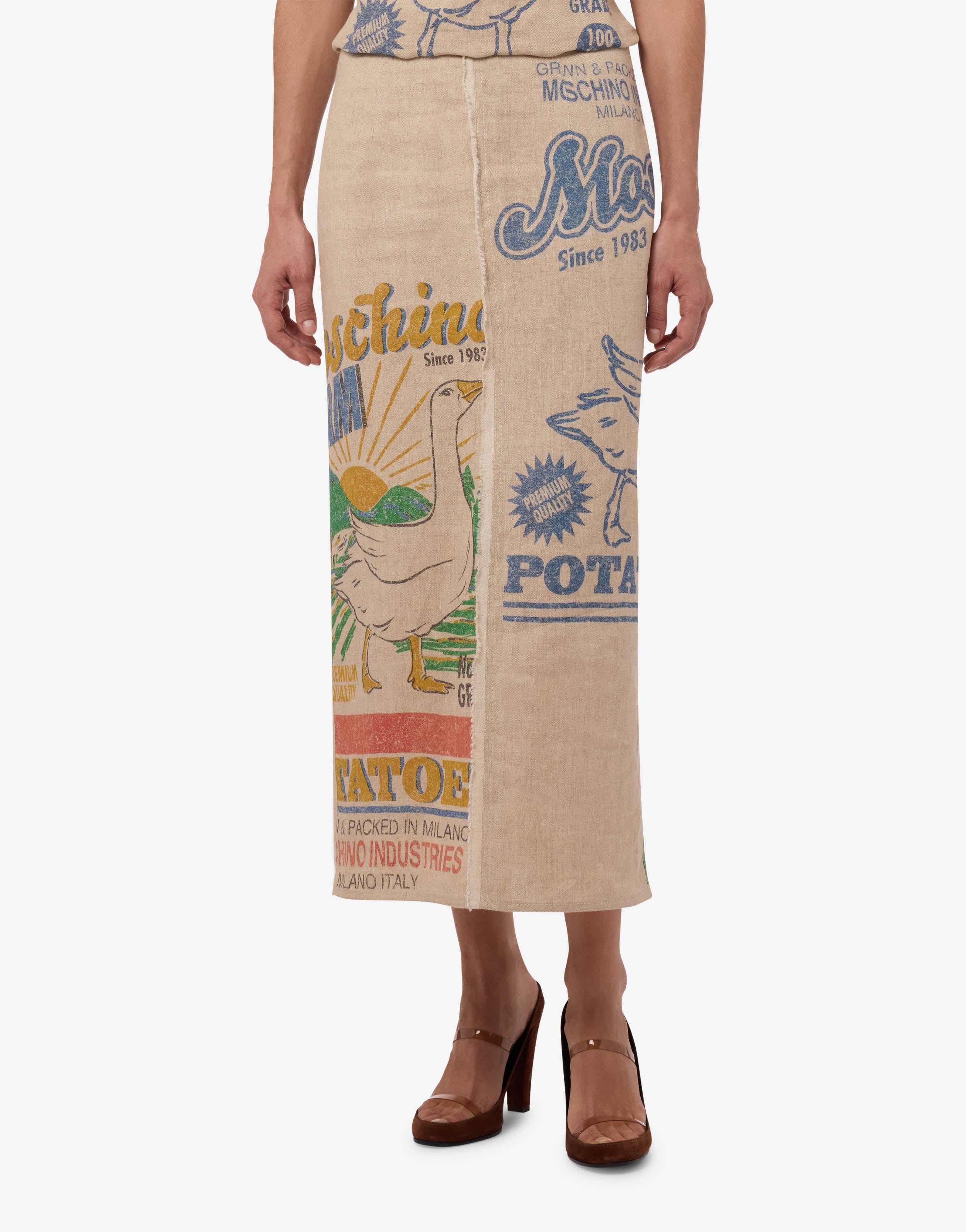 Printed linen and straw skirt | Moschino