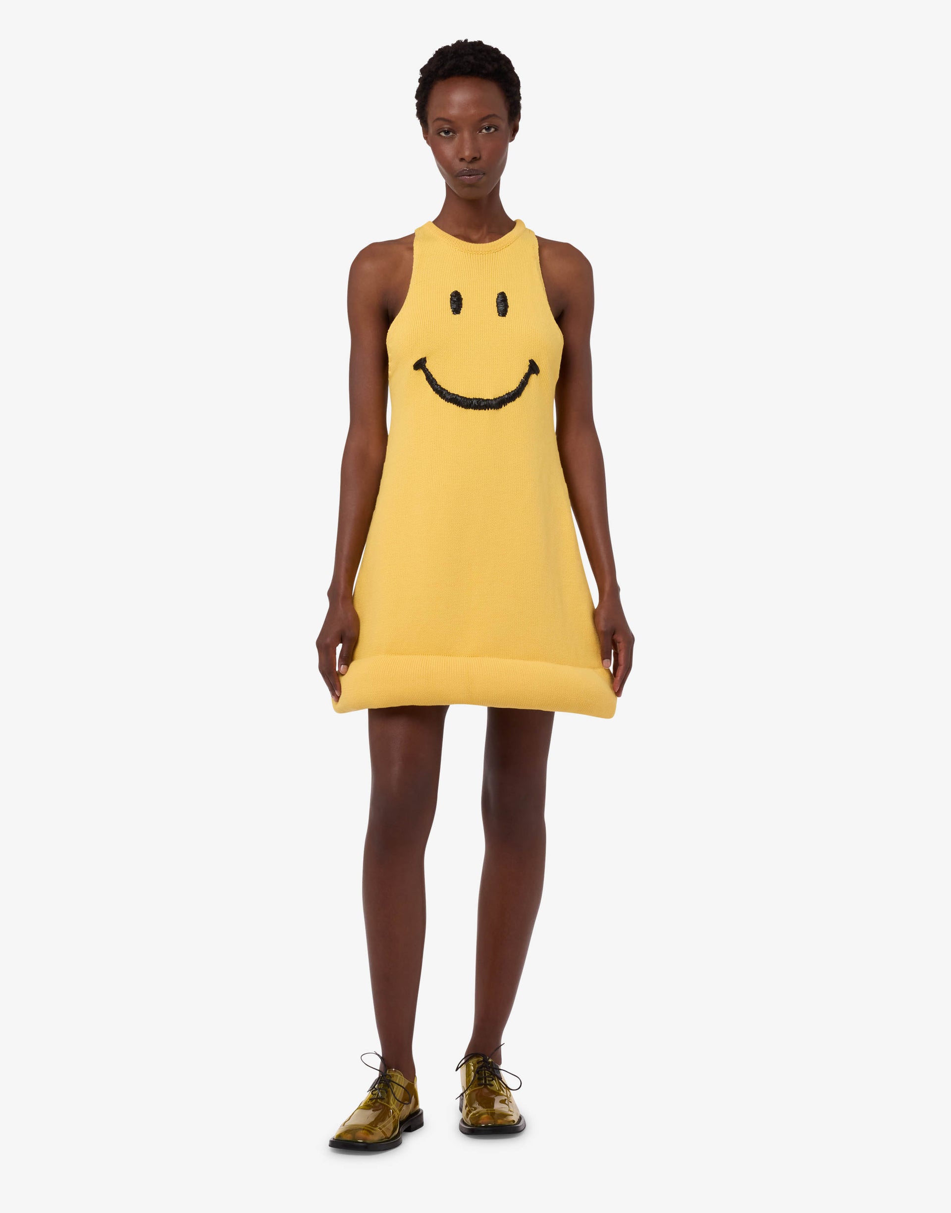 Moschino - Smiley organic cotton blend knit dress - Yellow - 48 Moschino - Smiley organic cotton blend knit dress - Yellow - 48
