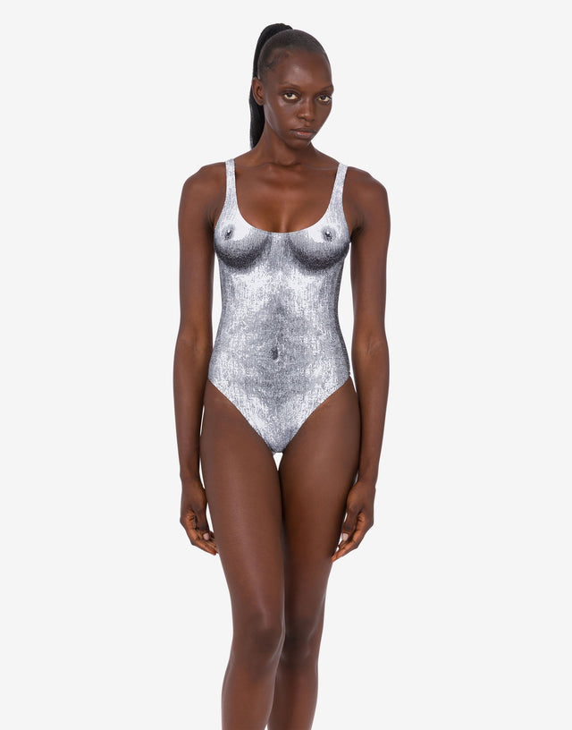 Bañador de una pieza de lycra estampada Gris Moschino 1