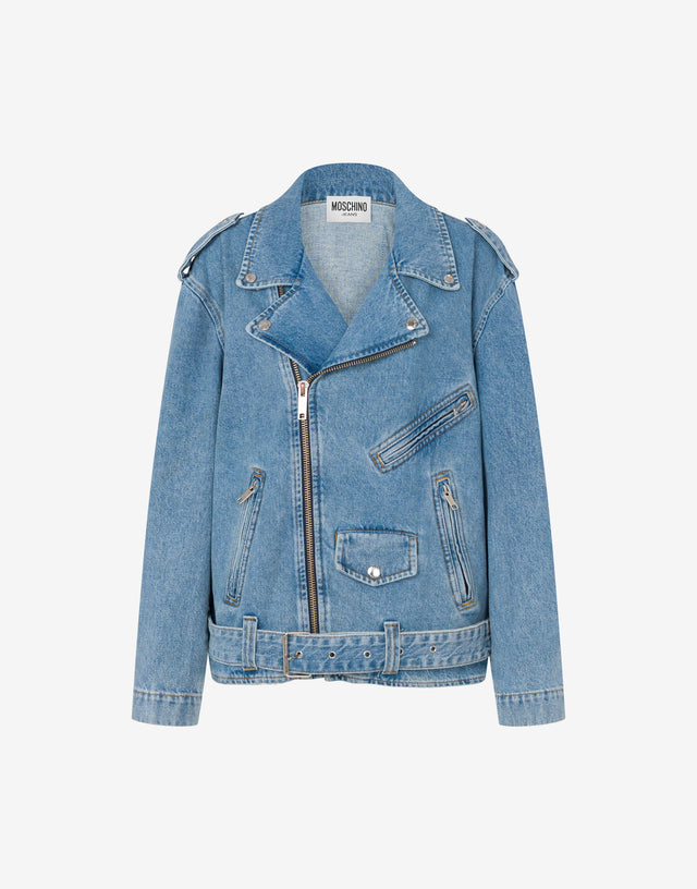 Chaqueta motera de denim de algodón Blue Denim Moschino Jeans 0