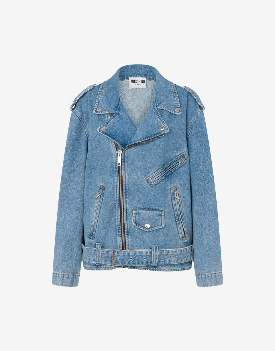 Chaqueta motera de denim de algodón Blue Denim Moschino Jeans 0