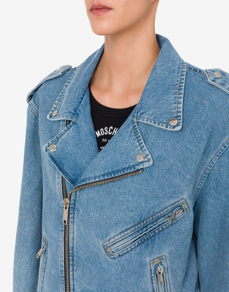 Chaqueta motera de denim de algodón Blue Denim Moschino Jeans 3