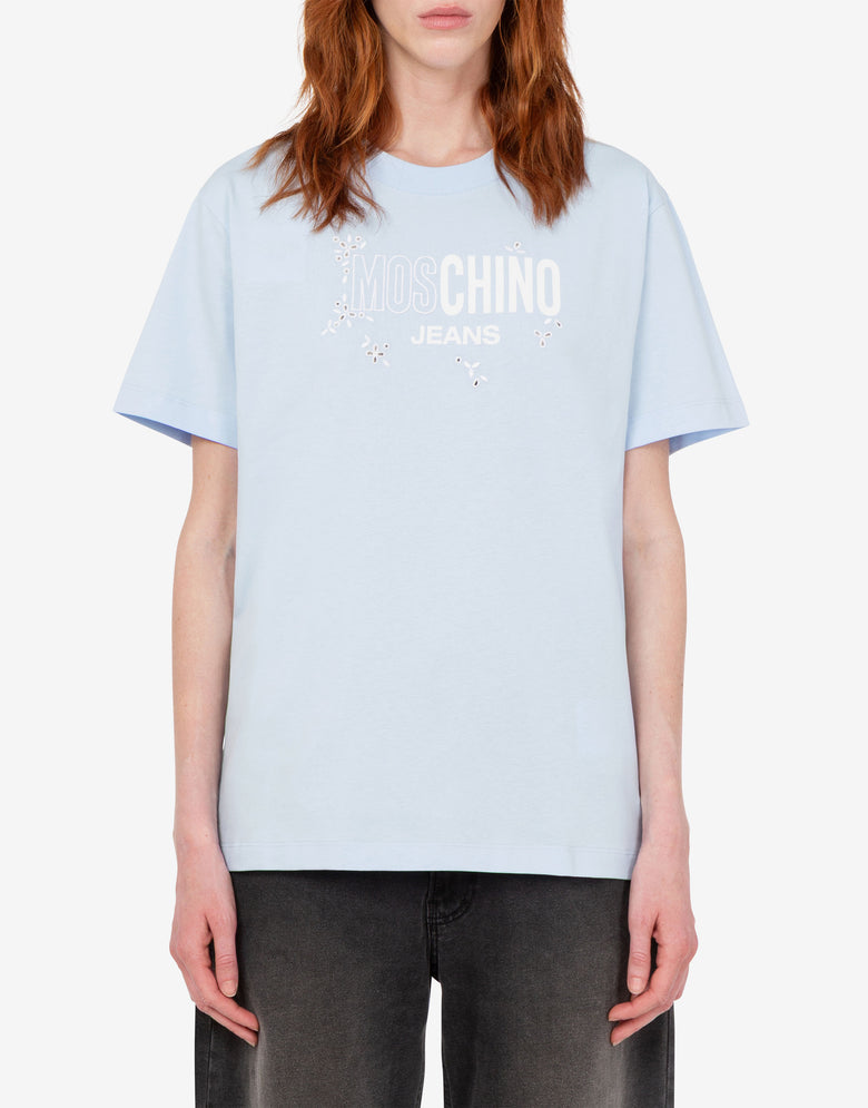 Printed cotton jersey T-shirt Sky blue Moschino Jeans 1
