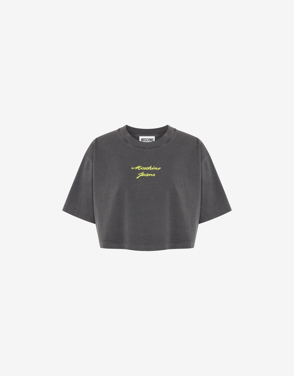 Embroidered cotton jersey crop top Dark grey Moschino Jeans 0