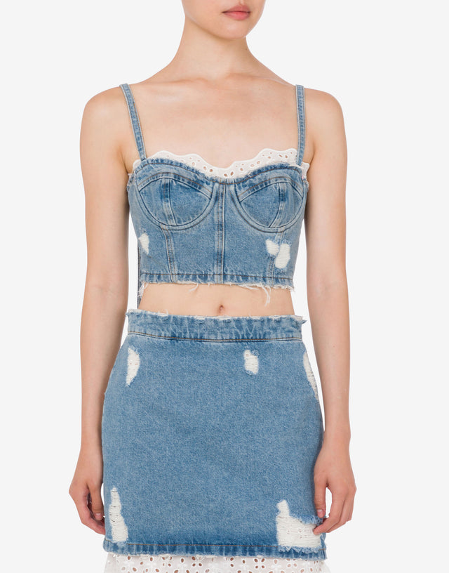 Top crop en denim de algodón Blue Denim Moschino Jeans 1