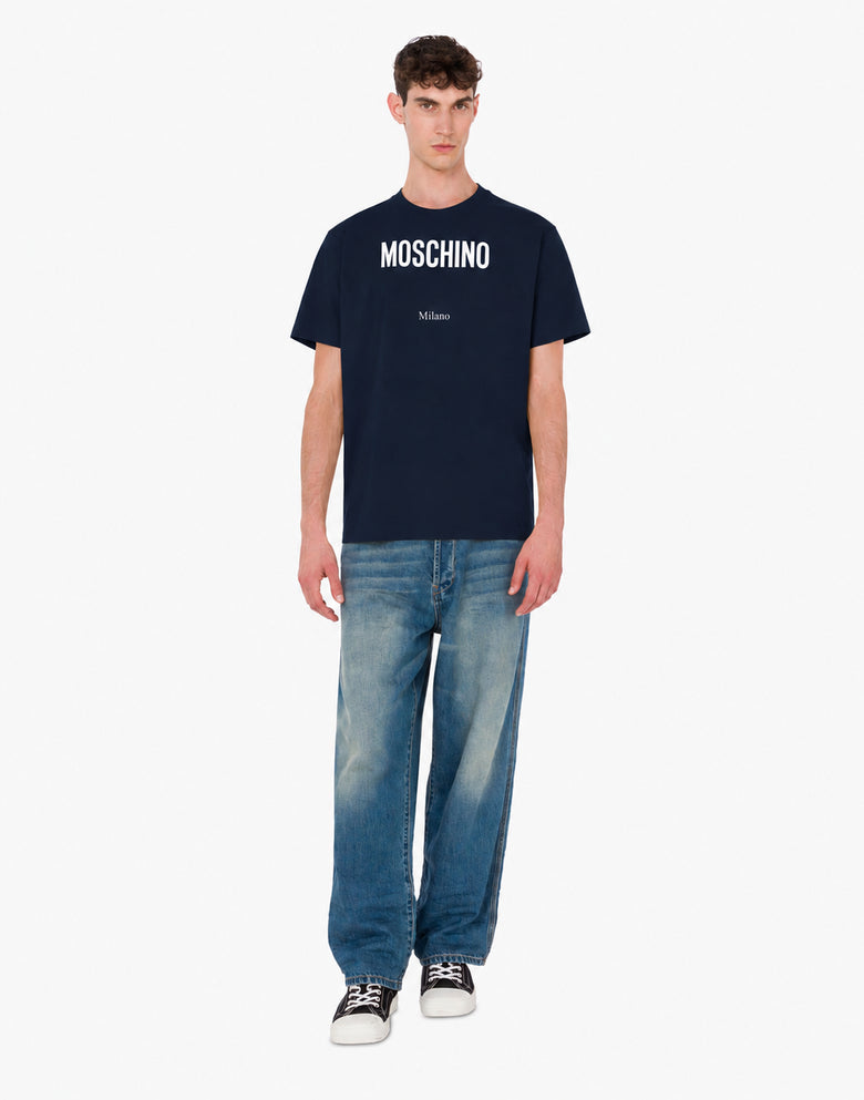 Camiseta estampada de jersey de algodón orgánico Azul oscuro Moschino 1