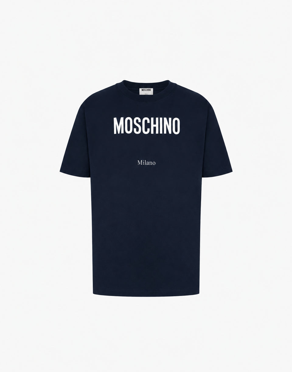 Camiseta estampada de jersey de algodón orgánico Azul oscuro Moschino 0