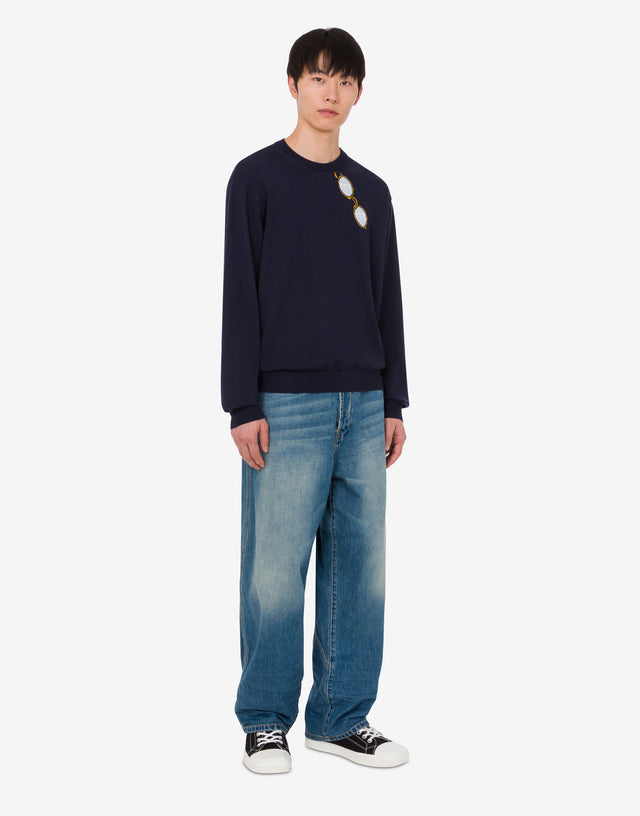 超细美利奴羊毛嵌花针织衫 深蓝色 Moschino 1