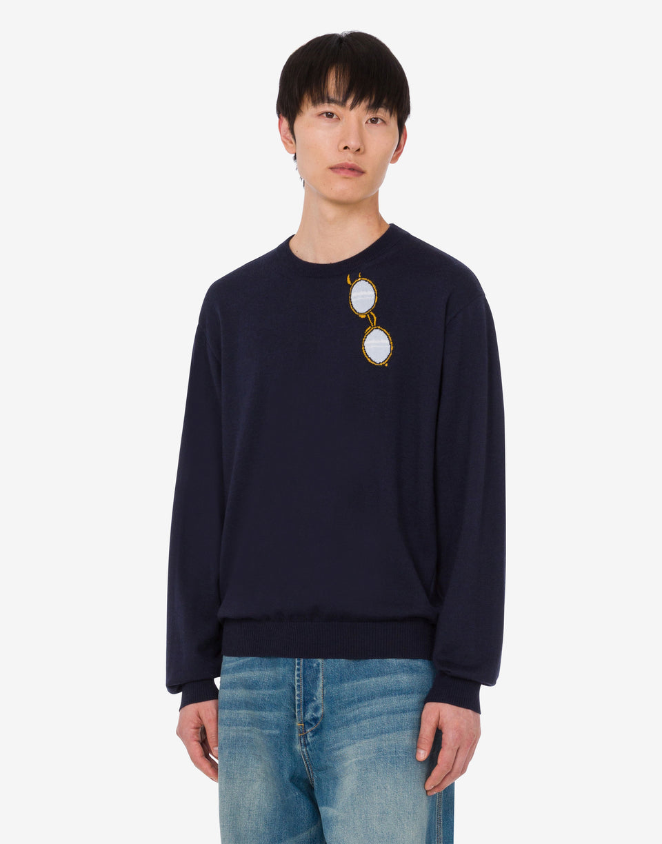 Extra-fine merino wool pullover with intarsia Dark blue Moschino 0