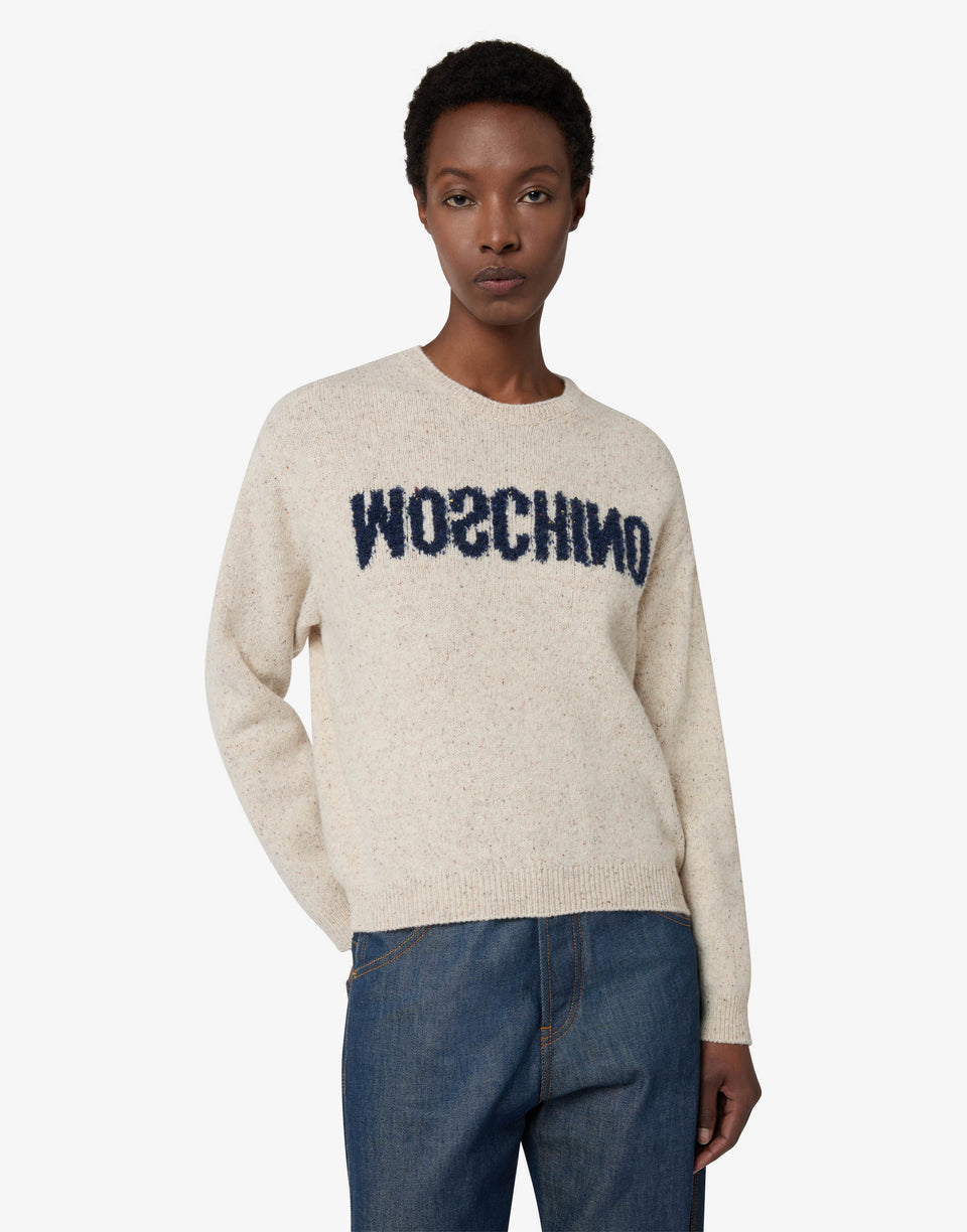 Wool-silk blend sweater with logo Ivory Moschino 0