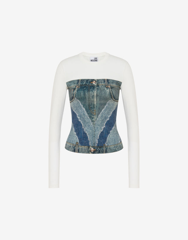 Printed stretch cotton jersey T-shirt Azure Love Moschino 0