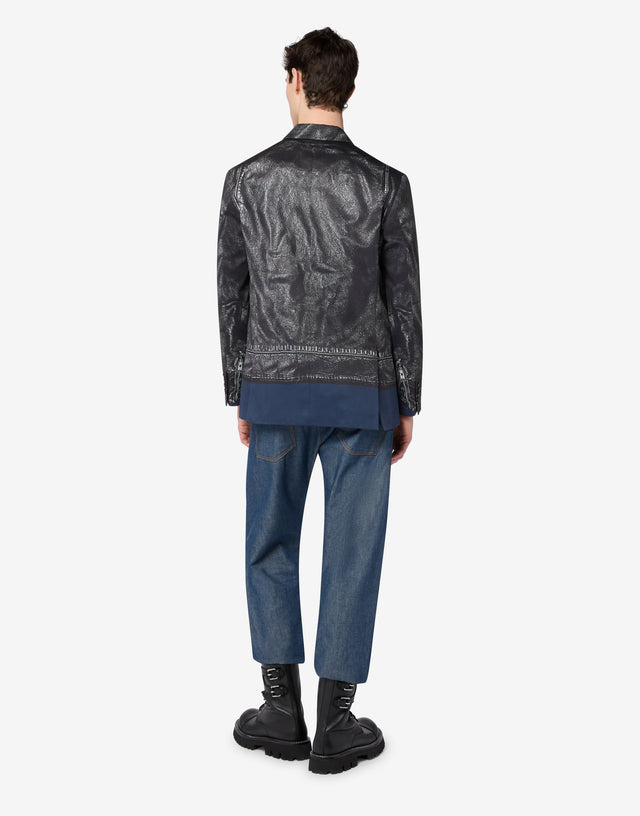 Printed double-breasted cotton drill jacket Grey Moschino 1