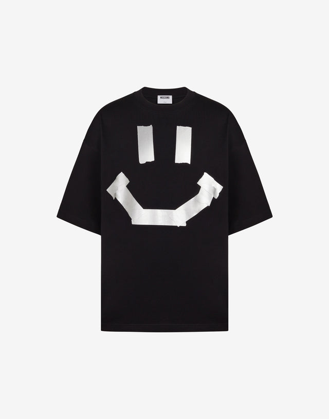 Black organic cotton jersey T-shirt with a Smiley® trompe-l'œil print featuring a tape-like effect Black Moschino 0