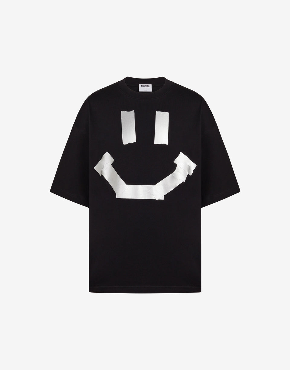 Camiseta de jersey de algodón orgánico negro con estampado Smiley® en estilo «trompe-l'œil» con efecto de cinta adhesiva Negro Moschino 0