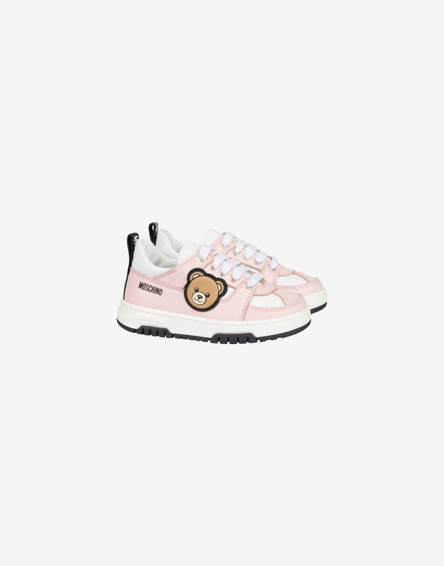 Sneakers in printed calfskin with a teddy bear patch Pastel pink Moschino 0