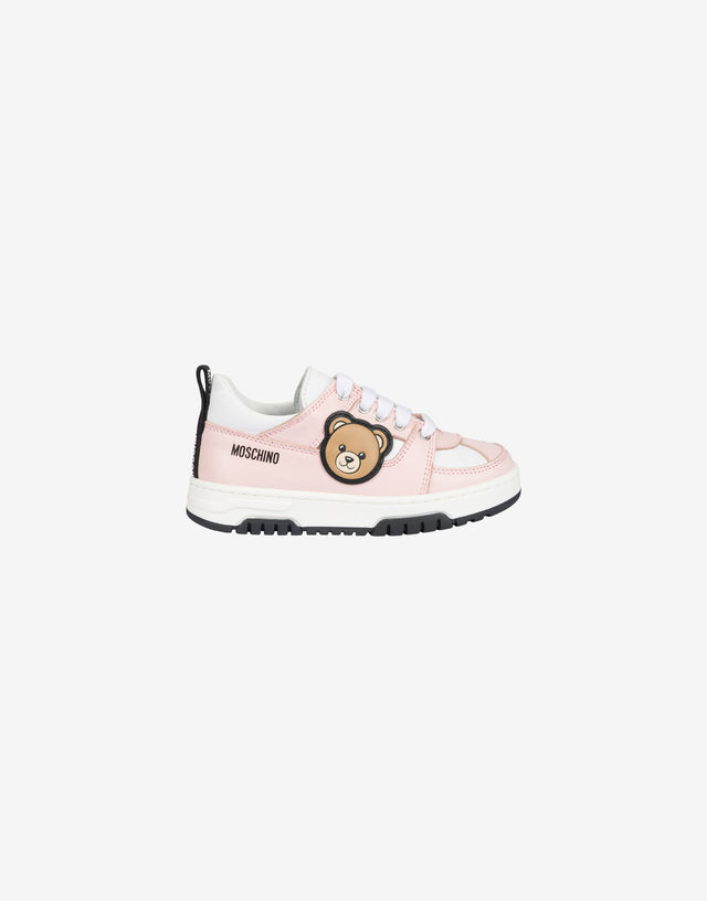 Sneakers in printed calfskin with a teddy bear patch Pastel pink Moschino 1