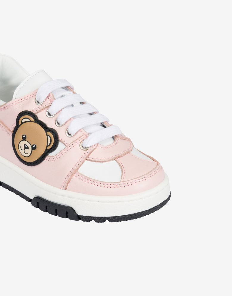 Sneakers in printed calfskin with a teddy bear patch Pastel pink Moschino 3
