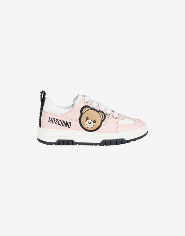 Zapatillas deportivas de piel de becerro estampada con parche «Teddy» Rosa claro Moschino 1
