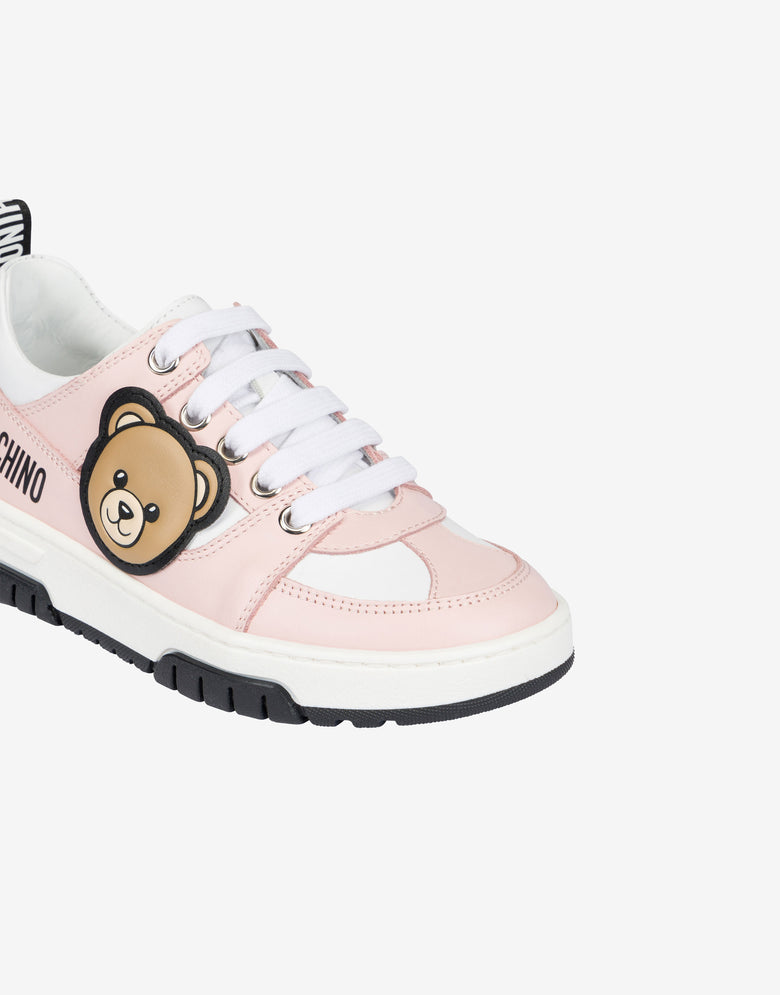 Zapatillas deportivas de piel de becerro estampada con parche «Teddy» Rosa claro Moschino 3