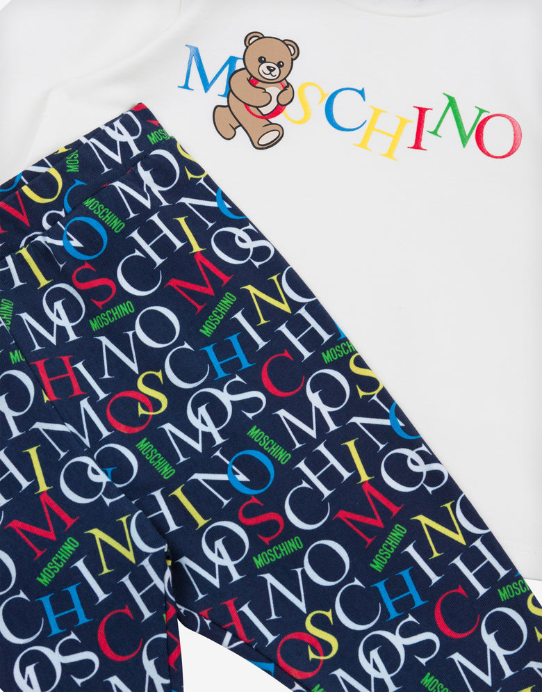 印花纯棉针织 T 恤和紧身裤套装 蓝海军 Moschino 2