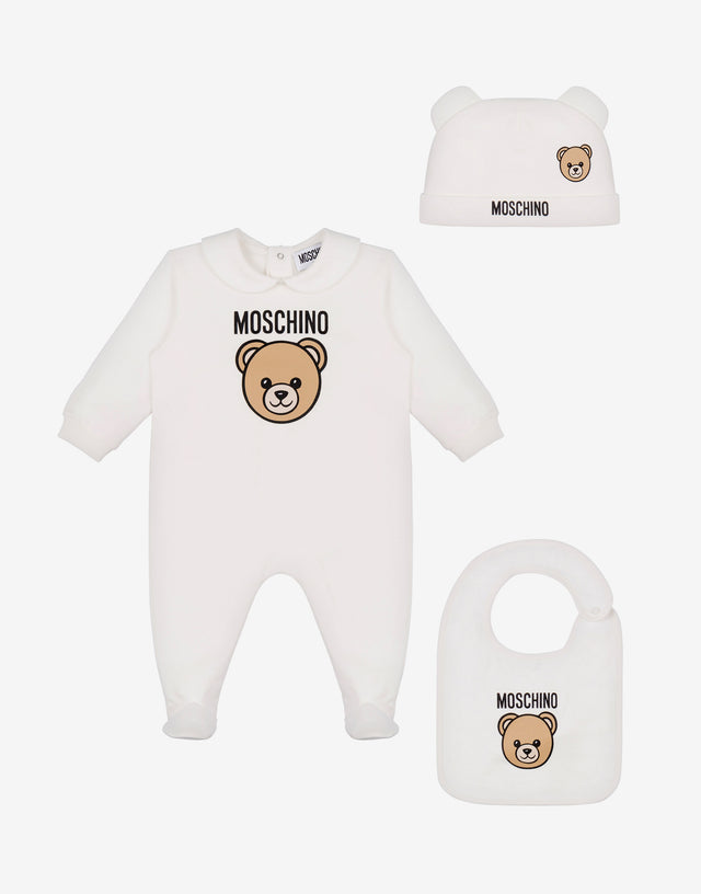 Conjunto de body, gorro y babero Moschino Teddy Bear de felpa de algodón Blanco Moschino 0