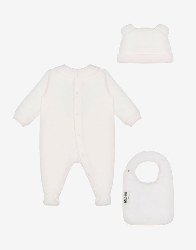 Conjunto de body, gorro y babero Moschino Teddy Bear de felpa de algodón Blanco Moschino 1