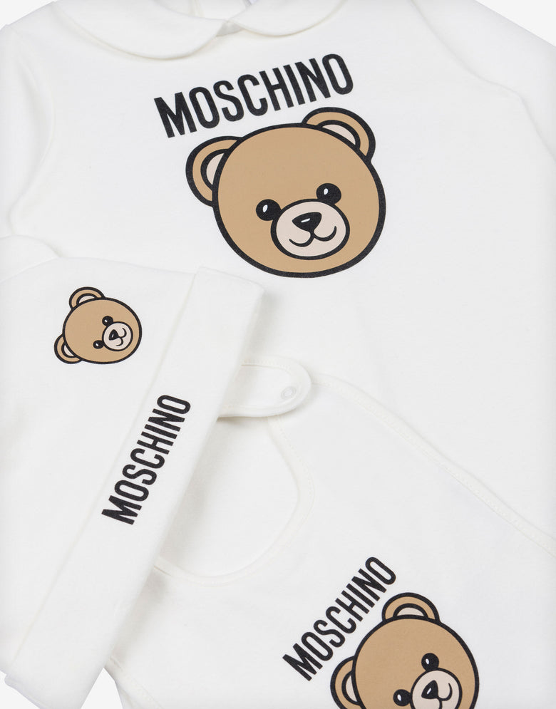 Conjunto de body, gorro y babero Moschino Teddy Bear de felpa de algodón Blanco Moschino 2