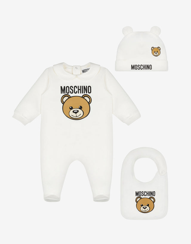Teddy Print bodysuit, hat, and bib set White Moschino 0