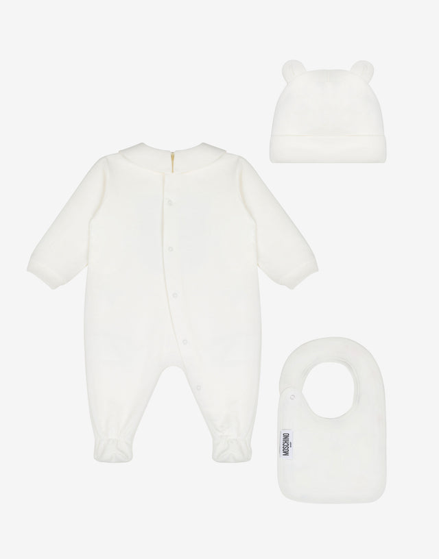 Teddy Print bodysuit, hat, and bib set White Moschino 1