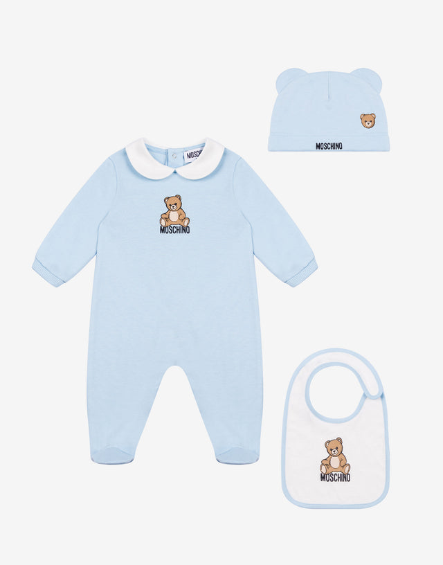 Conjunto de body, gorro y babero Moschino Teddy Bear de algodón Celeste Moschino 0