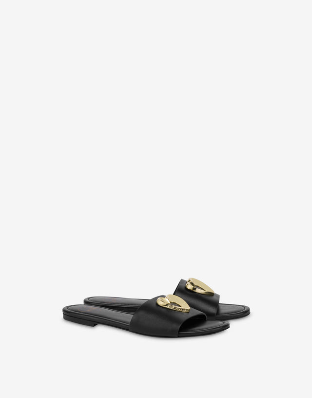 Flat sandals in calfskin with heart Black Love Moschino 0