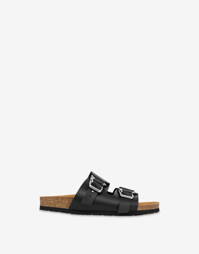 Sandalias de becerro con doble tira de hebilla en forma de corazón Negro Love Moschino 1