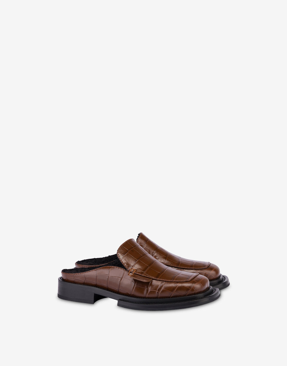 Crocodile-print calfskin clogs Brown Moschino 0