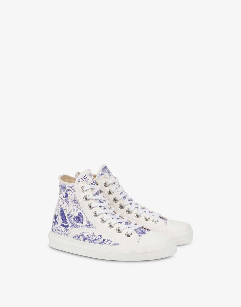 Zapatillas altas de lona con estampado Blanco Moschino 0