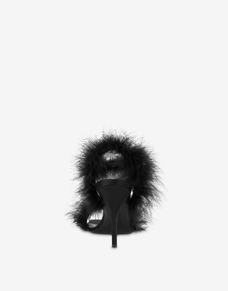 带羽毛的缎面凉鞋 黑色 Moschino 2