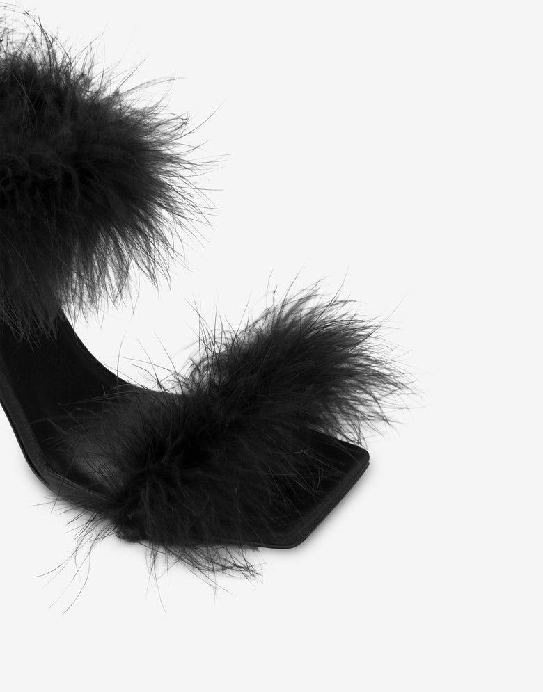 带羽毛的缎面凉鞋 黑色 Moschino 3