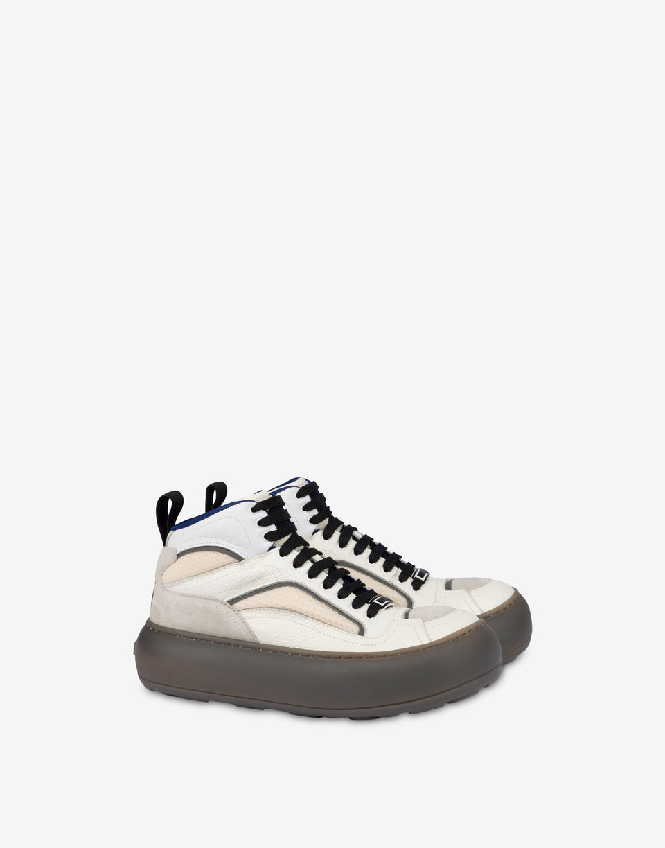High-top sneakers in mesh, calfskin, and suede Ivory Moschino 0