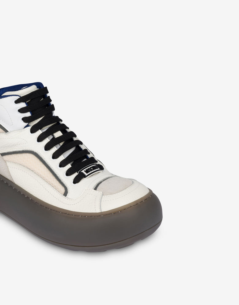 High-top sneakers in mesh, calfskin, and suede Ivory Moschino 3